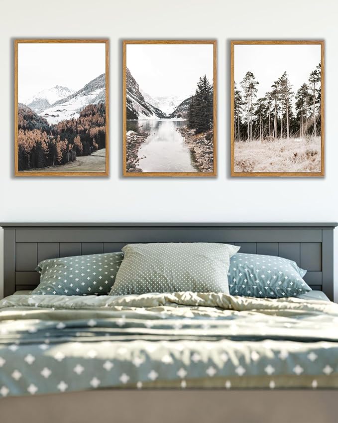 UPWOIGH Mountain Landscape Framed Wall Art, 16 x 24 Inch, Set of 3 | Mountain, Lake and Pine Tree Photography Prints, Soft Neutral Tones, Light Wood Frames for Bedroom, Office and Living Room