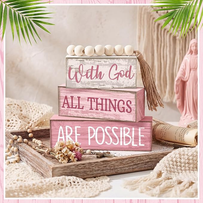 Yuntau 4 Pcs Farmhouse Wooden Tabletop Decor Farmhouse Tiered Tray Decor Rustic Retro Decorative Books Wood Bead Garland with God All Things are Possible Block Centerpiece Sign for Home Shelf Mantle