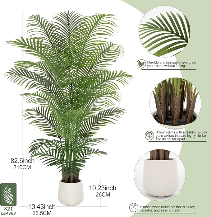 7ft Artificial Palm Tree Tall Faux Palm Tree Indoor Large Fake Plants with 21 Trunks Artificial Plants with White Pot Lifelike Leaves for Home Office Decor Living Rooms Bedrooms