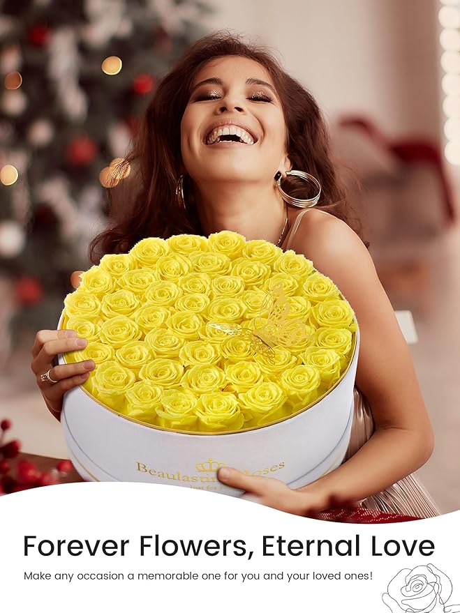 47 Preserved Roses Forever Flowers Real Roses in a Box Mother's Day Birthday Flowers for Her Mom Women Wife Valentine's Day, Yellow Roses