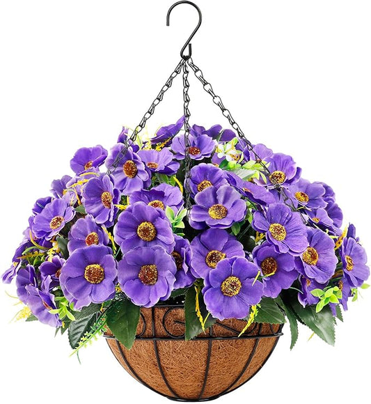 Ouddy Decor Artificial Hanging Flowers with Basket, Fake Silk Hanging Flowers in Coconut Lining Basket Faux Hanging Plants for Outdoor Indoor Spring Garden Porch Patio Balcony Home Decor, Purple