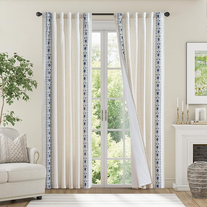 jinchan Weslie Boho Lined Linen Curtains for Bedroom Blue Vintage Floral Farmhouse Curtains 84 Inches Long Linen Drapes for Living Room Embroidered Drapes Rod Pocket Blue on Beige 2 Panels