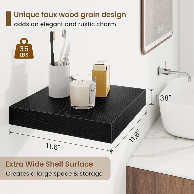 Marsmiles Square Floating Shelves for Wall, 12" W x 12" D x 1.5" H, 3 Pack Small Wall Mounted Engineered Wood Shelves with Invisible Brackets for Living Room, Bedroom, Bathroom, Kitchen Decor, Black