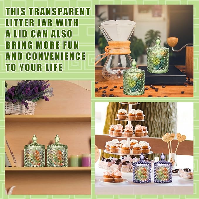 Aoriher 4 Pcs Crystal Glass Candy Jar Set with Lids Home Decorative Storage Jars for Apothecary, Bathroom, Kitchen, and Pantry, Ideal for Cotton Swabs and Jewelry (Large,Green)