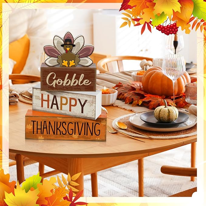 Lineshading 4 Pcs Thanksgiving Decorations for Home Wooden Turkey Thanksgiving Table Centerpiece Fall Tiered Tray Decor Rustic Wooden Turkey Block Sign for Autumn Harvest Party Table Kitchen Shelf