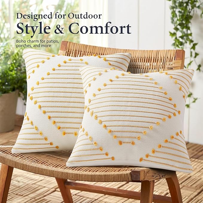 Mecatny Boho Outdoor Throw Pillow Covers 12X20 Set of 2, Farmhouse Lumbar Pillow Covers for Couch Sofa Living Room, Yellow & White