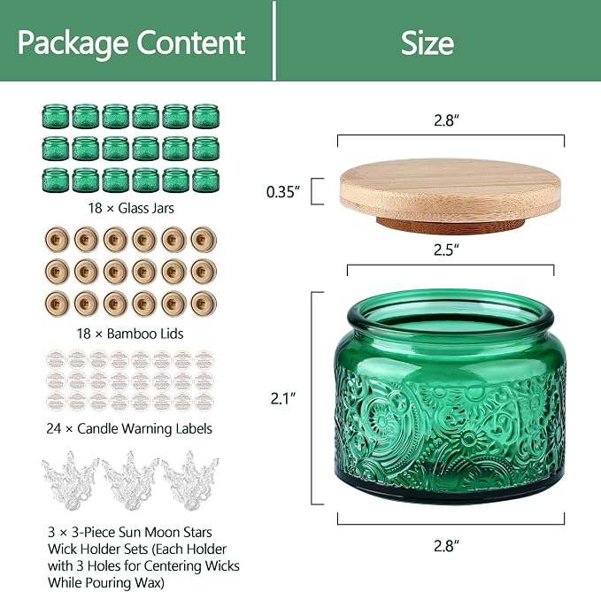 4 oz Green Sun Moon Stars Candle Jars with Bamboo Lids, 18 Pack | Patented Embossed Design, Includes Wick Centering Devices & Warning Labels, Multiple Color Options