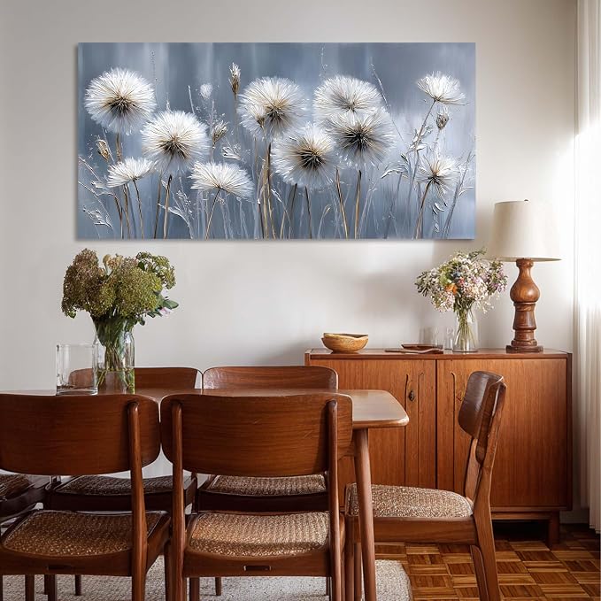 Ggaafet White Dandelion Wall Art for Living Room Canvas Oil Painting Prints Beautiful Dream Flower Floral Blooming Art Deco Modern Artwork Office Bedroom Family Dining Room Decor Large