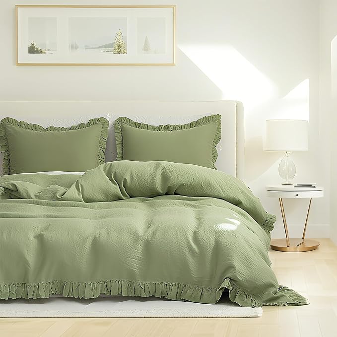 Simple&Opulence 100% Linen Duvet Cover Set, 3 PCS Natural French Flax Sage Green Ruffle Duvet Cover King Size, Breathable Comfy Linen Bedding Comforter Cover with 2 Pillowcases(Sage Green, 104" X 92")