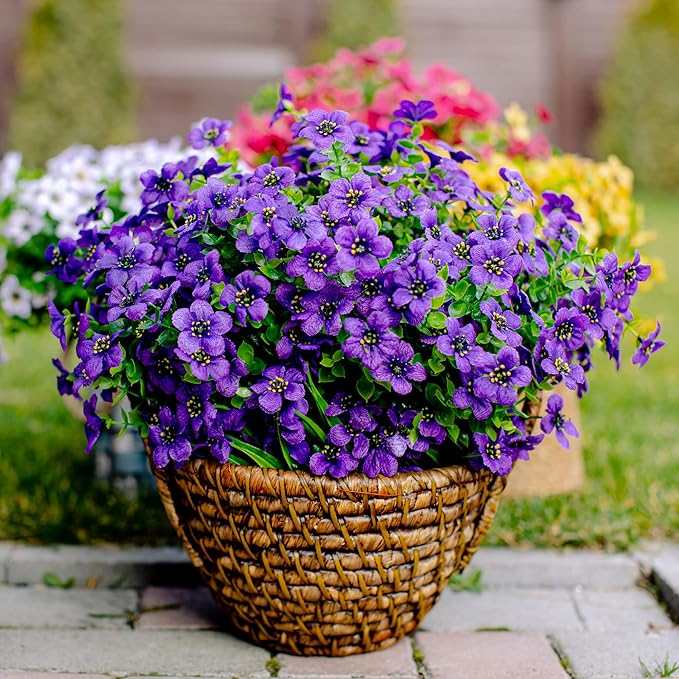 AXYLEX Artificial Flowers for Outdoors Fake Plants - 16 Bundles Fake Plants UV Resistant No Fade Faux Plastic Greenery Home Garden Porch Patio Decoration Office Indoor (Purple)