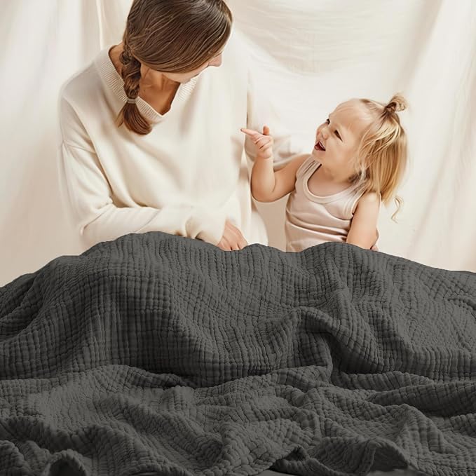 Carriediosa 100% Cotton Muslin Throw Blanket 66" X 90" Twin XL Size，4-Layers Summer Gauze Throws for Bed Couch，Soft Lightweight Breathable Linen Blankets Bedspread for Adults All Season，Dark Gery