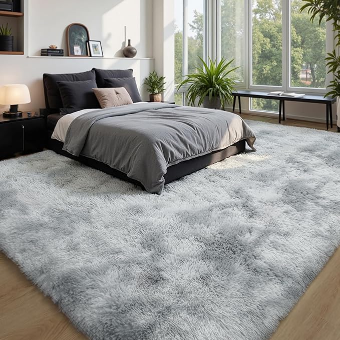 Grey Fluffy 9x12 Large Area Rugs for Bedroom Living Room, Tie-Dye Light Gray Soft Washable Shag Carpet for Kids Room, Nursery, Dorm Decor, Colorful Cute Plush Fuzzy Rugs for Baby Toddler