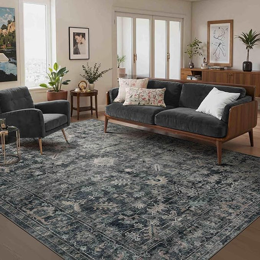 Rugxara 6x9 Area Rugs for Living Room Bedroom, Large Washable Rug, Blue Vintage Floral Boho Style, Non Slip & Low Pile Carpet for Indoor Dining Room, Dorm and Kids Room(Blue 6x9ft)
