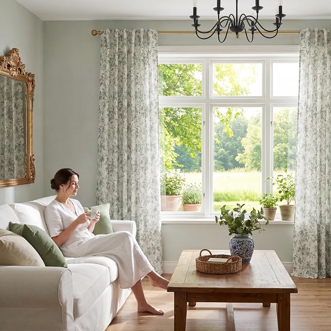 StangH Cottagecore Sage Green Floral Curtains for Bedroom, Vintage Peony Print Linen Textured Light Filtering Window Drapes, French Country Style Aesthetic Room Decor, W52 x L84, 2 Panels