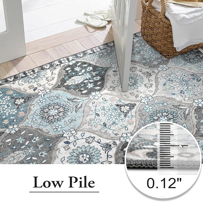 Lahome Moroccan Washable Area Rug 6x9, Ultra-Thin Large Living Room Rugs for Bedroom, Oriental Trellis Distressed Non Shedding Throw Carpet for Dining Room Office Elise, Blue