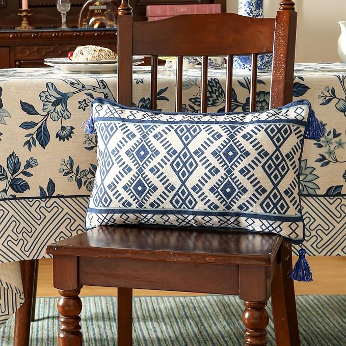 bilin gaier Designer Vintage Linen Throw Pillow Cover,20"x12"-Suqing D | Vintage Elegant Rectangular Blue Pillow Cover,Concealed Zipper Design,Sofas,Bedroom,Living Room,Dining,Lounge Chairs