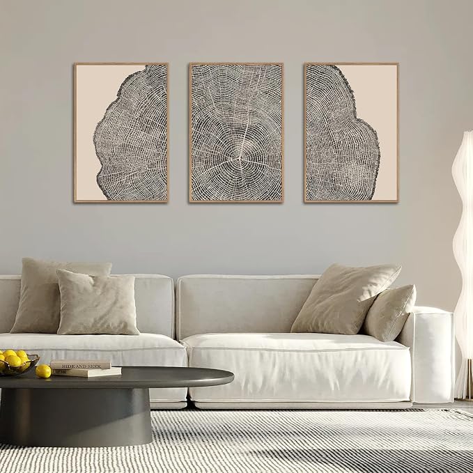 SIKERIC 3 Piece Wood Tree Ring Wall Art, (24X36 inch) Black and White Print Wall Art Set, Large Framed Canvas Art Wall Decor, Modern Abstract Nature Art Paintings for Living Room, Bedroom, Office