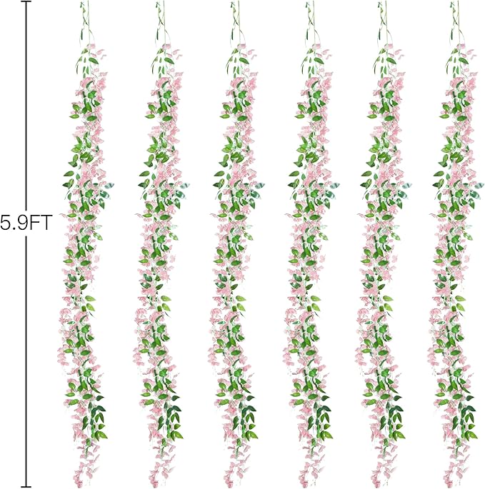 Sggvecsy 6Pcs Wisteria Garland Artificial Flowers Garland Fake Hanging Wisteria Vines Rattan Silk Hanging Flower Vines for Home Garden Outdoor Wedding Arch Party Ceremony Total 35.4Ft (Pink)