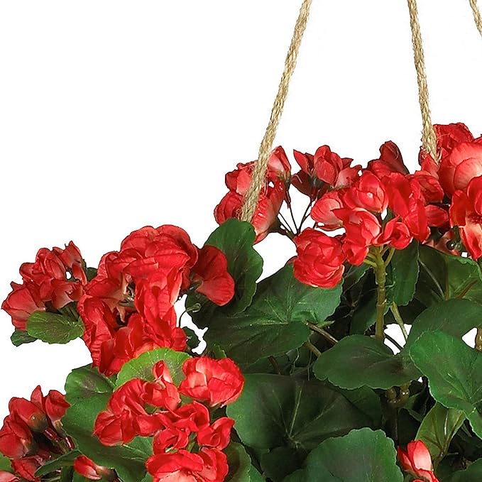 Nearly Natural 24in Artificial Geranium Hanging Basket Faux Floral Plant for Indoor Home Porch Decor, Red