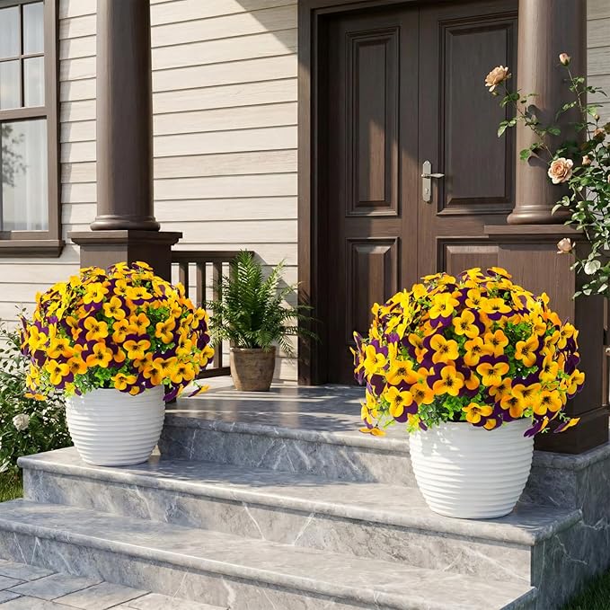 lovemoon 2 Set Artificial Outdoor Pansies Flowers with Hanging Baskets, 2 Hanging Planters with 24 Pcs Silk Pansy Flowers for Spring Easter Decorations Porch Patio Home Decor (2, Purple, Yellow)