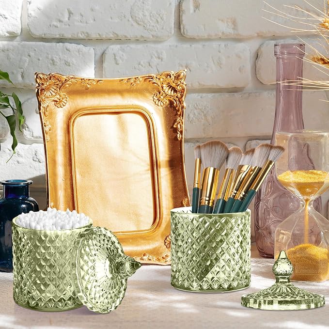 Aoriher 4 Pcs Crystal Glass Candy Jar Set with Lids Home Decorative Storage Jars for Apothecary, Bathroom, Kitchen, and Pantry, Ideal for Cotton Swabs and Jewelry (Large,Green)
