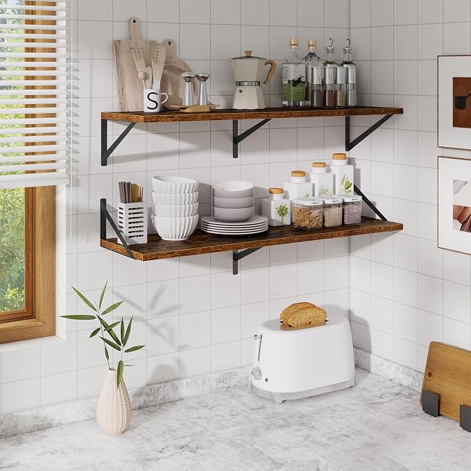 Floating Shelves for Wall,40" Wall Mounted Shelves Set of 2,Long Wood Floating Shelves,Hanging Wide Display & Storage Shelf with Metal Brackets for Bathroom,Bedroom,Kitchen,Living Room,Rustic Brown