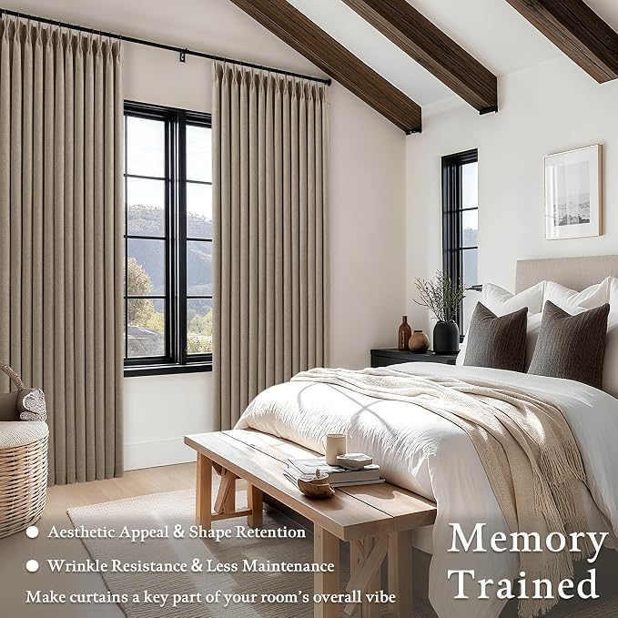 Greige Flax Linen Pinch Pleated Blackout Curtains 86 Inches Long for Bedroom Living Room Darkening 100% Black Out Pinch Pleat Drapes with Liner Farmhouse Neutral 86 Inch Curtain for Dining Room