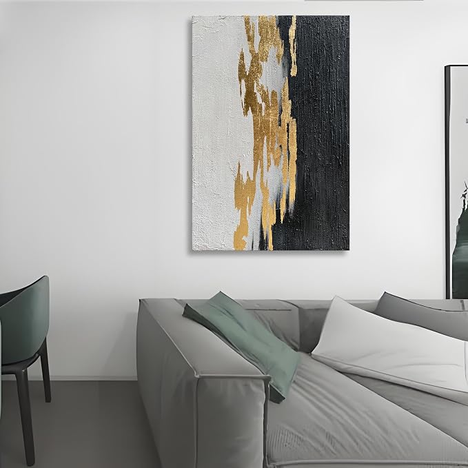 Hand-Painted Black and White Texture Abstract Art Modern Minimalist Home Office Wall Decoration Painting 36x24 inches