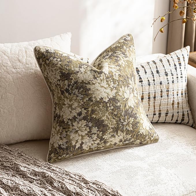 DEZENE Pack of 2 Vintage Floral Euro Sham Covers 24x24 Boho Farmhouse Accents Chenille Square Decorative Throw Pillow Cases for Living Room Couch Bed Home Decor, Beige