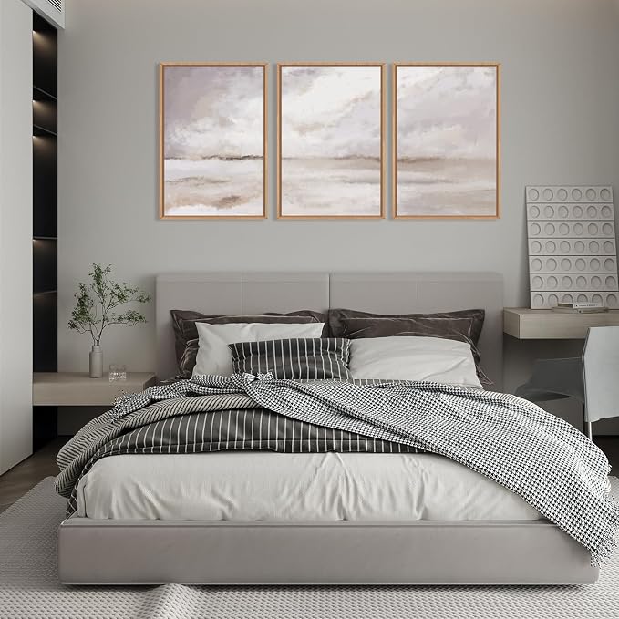 Large Neutral Abstract Framed Canvas Wall Art Set,Minimalist Gray and Beige Pastel Wall Decor,Modern Nature Misty Textured Art Painting for Living Room,Bedroom-16 x24 x3