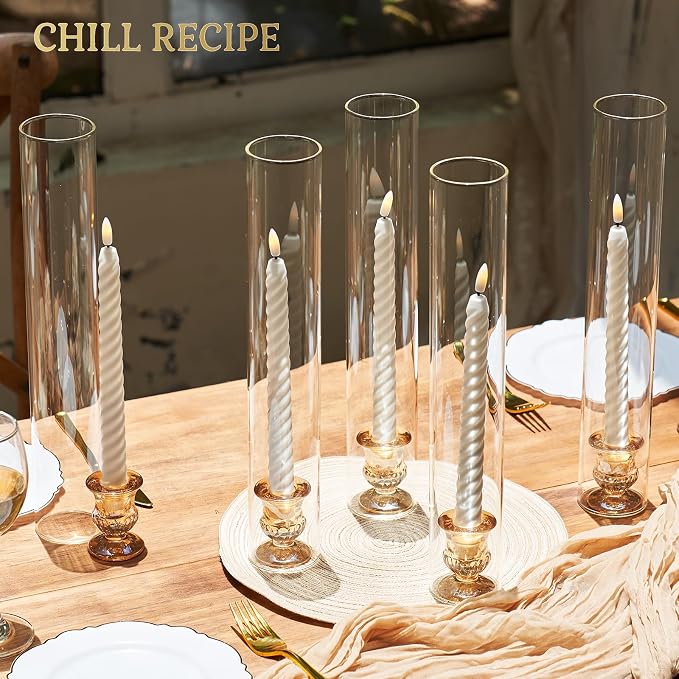 CHILL RECIPE Hurricane Glass Candle Holders-Set of 6 Tall Taper Candle Holder with 14” Tall Clear Cylinder Covers for Wedding Table Centerpiece Home Decor (Gold Base+Clear Chimney)