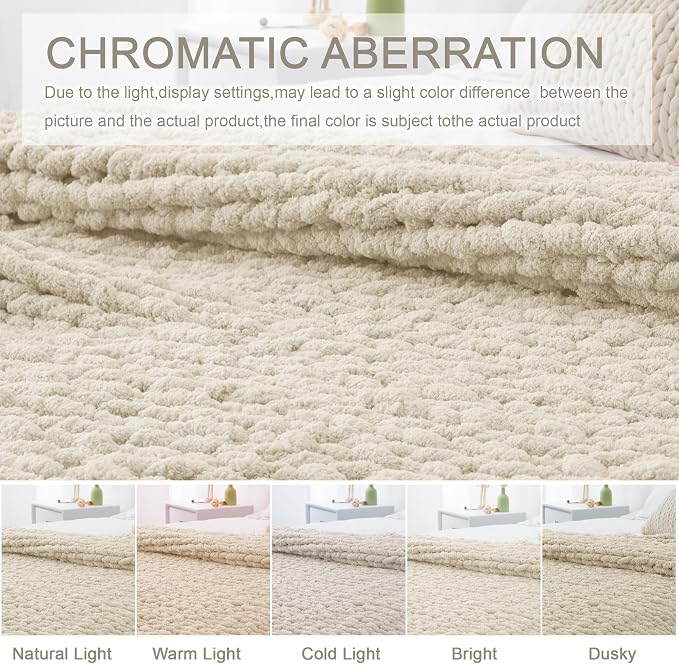 Chunky Knit Throw Blanket 60x80, 100% Handmade Chenille Yarn | 6.7lbs Soft Thick Cable Knitted Blankets, Large Rope Knot Crochet Throws for Couch Sofa Bed Machine Washable, Light Beige