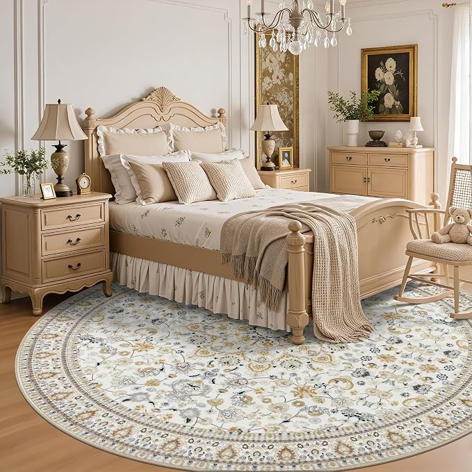 Round Area Rug for Living Room: 4 ft Washable Vintage Boho Soft Thin Circle Rug Indoor Floor No Slip Stain Resistant Carpet for Bedroom Dining Room Farmhouse Nursery Home Office - Beige