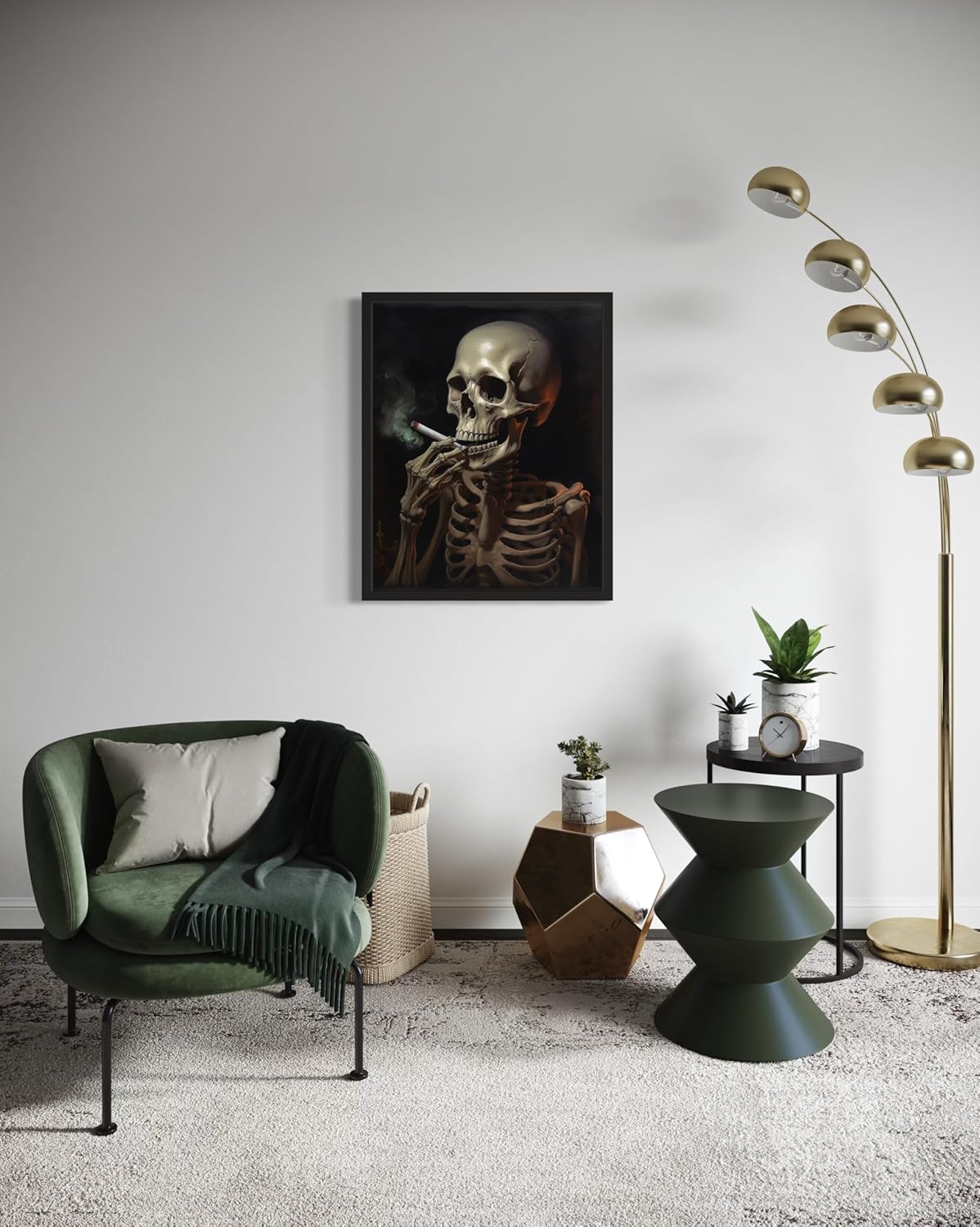 Skull Smoking Ciggarettes Poster Art Print, Halloween Scary Vintage Wall Art Academia Spooky Painting Decoration for Horror Prints, Gothic Posters Bedroom Decor 89 (Skull Smoking Ciggarettes, 16 x 20 inches, Black Frame)