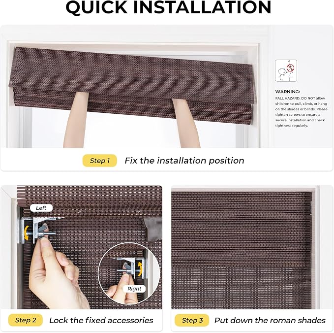 UNISHADES No Drill Cordless Bamboo Roman Shades, 29.5×64 in, Coffee | Natural material, Light Filtering, Easy Install