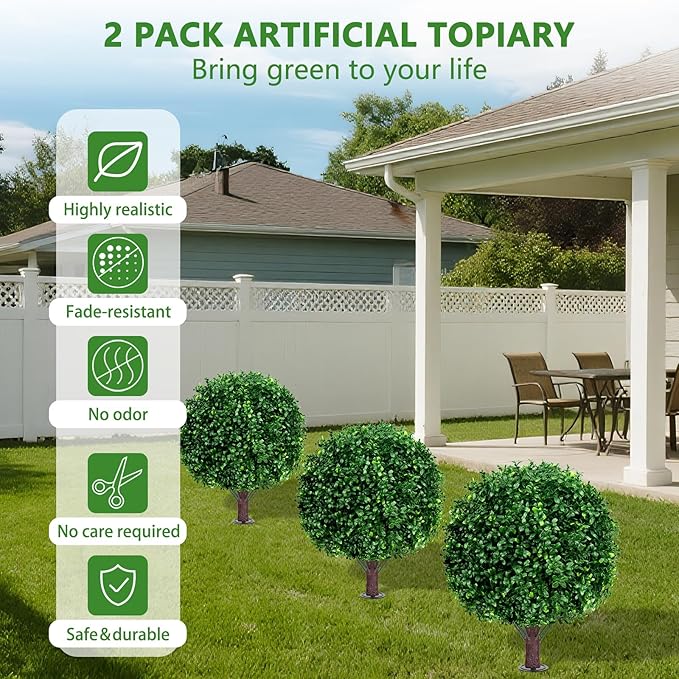 Yangrass Artificial Boxwood Topiary Ball Tree Set of 2, UV Resistant Artificial Outdoor Shrubs with Spike, Decorative Evergreen Fake Topiary Bushes Plant for Front Porch Garden