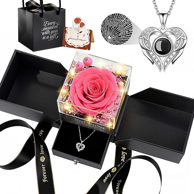 TranquilBliss Gifts for Mom, Preserved Real Pink Rose Gift Box with Heart Necklace,“I Love You” in 100 Languages, I Love You Eternal Flowers Rose Gift Set for Mother's Day, Anniversary