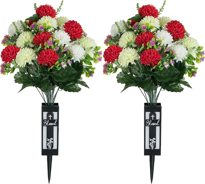 Artificial Cemetery Flowers for Grave: 2 Pcs 18 Heads Fake Mums Flowers with Vase for Cemetery Spring Decorations Outdoor Grave