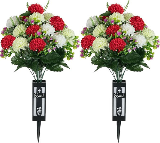 Artificial Cemetery Flowers for Grave: 2 Pcs 18 Heads Fake Mums Flowers with Vase for Cemetery Spring Decorations Outdoor Grave