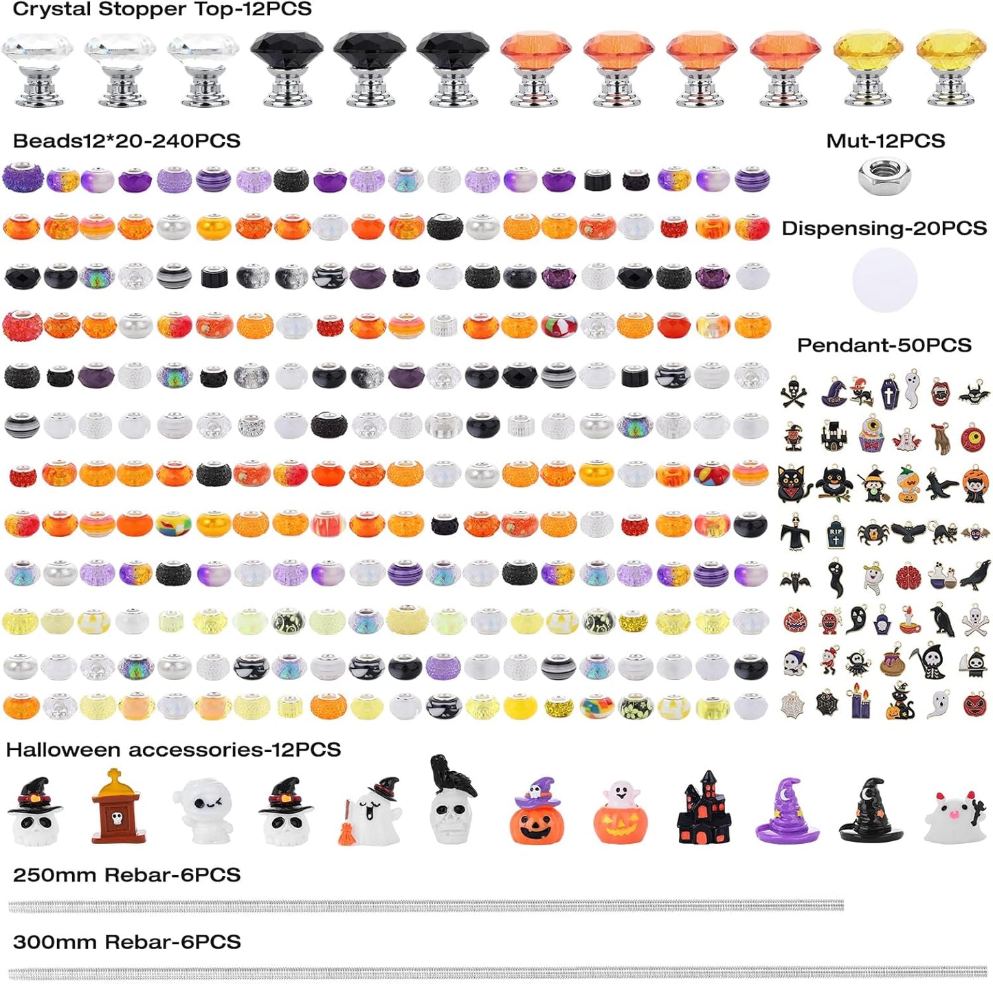 358PCS Halloween Beaded Garden Stakes, DIY Halloween Fairy Wand Garden Stake Decorative Kit with 12 in or 10 in Threaded Rod, Crystal Top, Large Holes Bead, Pendant for Outdoor or Indoor Decoration