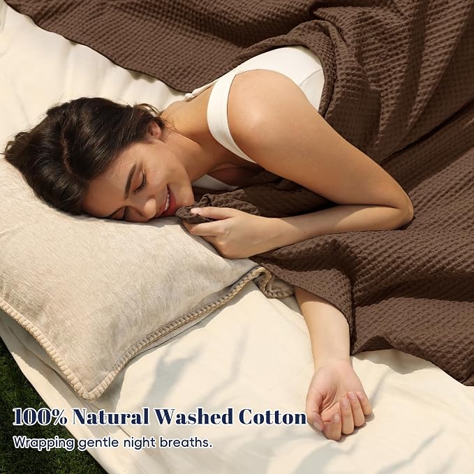 PHF Pre-Washed 100% Cotton Waffle Weave Blanket Queen Size for Bed,Snag Proof Throw Blanket for Couch Spring Summer Lightweight Breathable,Machine Washable, Home Decor Gift - Cappuccino
