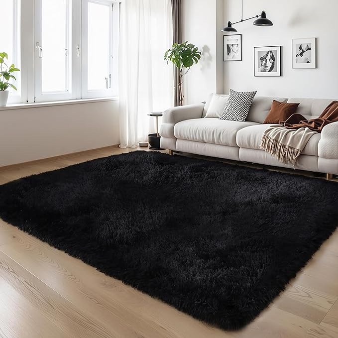 KICHOWUA Thick Area Rug Black Fluffy Shag 5x7 for Bedroom, Ultra Soft Plush Fuzzy Washable Thickened Non-Slip Floor Carpet, Modern Cozy Furry Rug for Living Room Kids Baby Boys Girls Nursery Dorm