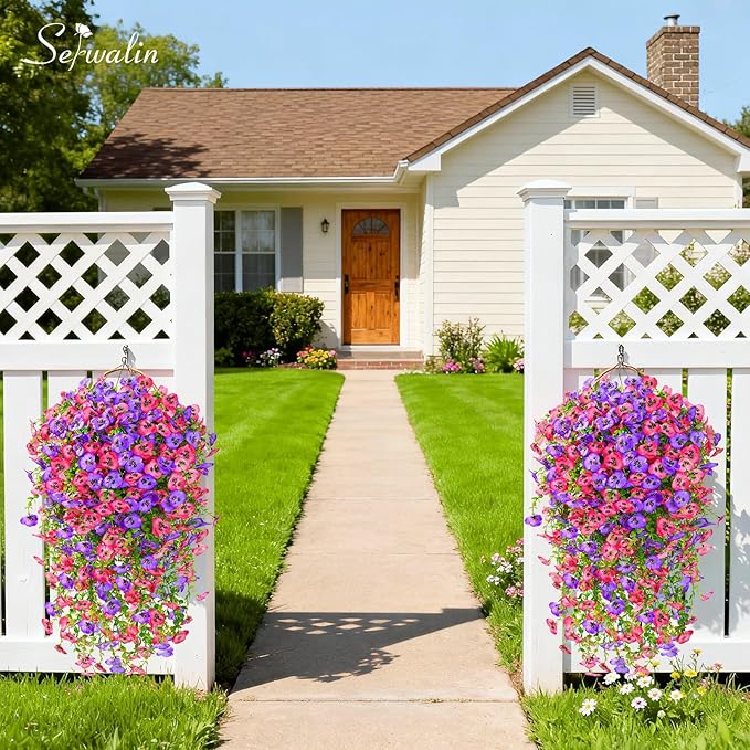 Serwalin Artificial Fake Hanging Flowers for Outdoors Planters,6PCS UV Resistant Faux Pansy Spring Flowers for Outside Porch Patio Garden Window Box (Rose Pink Purple)