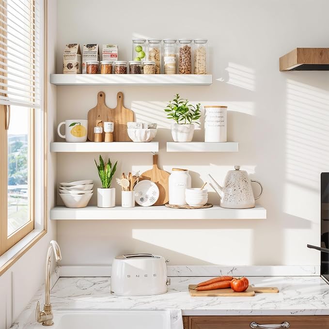 Vivelove White Floating Shelves, 16 Inch Wall Display Shelves for Bathroom Living Room Kitchen Bedroom Office Farmhouse Home Decor, 16" X 9.3" X 1.5" - Set of 2, White