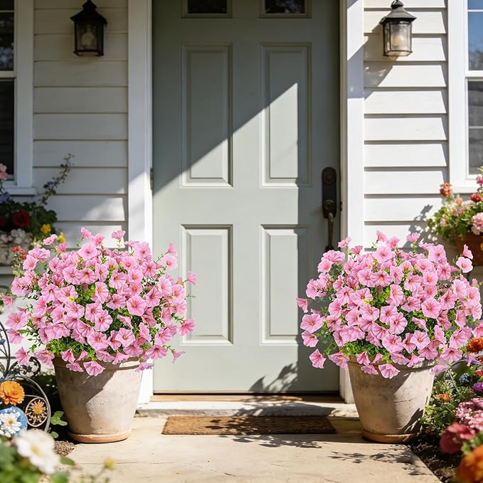 Ouddy Decor 24 Bundles Artificial Flowers for Outdoors, Fake Petunias Flowers Silk Morning Glory with Eucalyptus Faux Plants for Indoor Outside Spring Summer Yard Garden Porch Home Decor, Pink