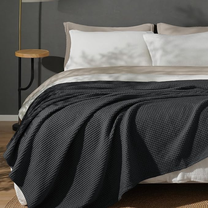 PHF 100% Cotton Waffle Weave Blanket Twin Size 66"x90" - Lightweight Washed Soft Breathable - Perfect Layer for Couch Bed Sofa - Aesthetic Elegant Home Decoration Gift - Black