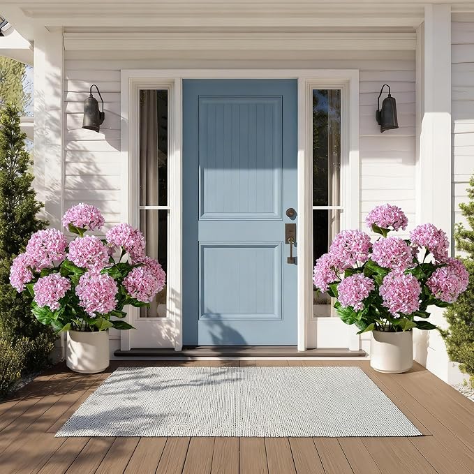 2 Pack Large Faux Plastic plantas in Pot UV Resistant Fake Flowers Trees Indoor Outdoor Realistic Floor Plants Artificial Hydrangea Plants for Home Porch Garden Office Porch Patio Front Bonsai Decor