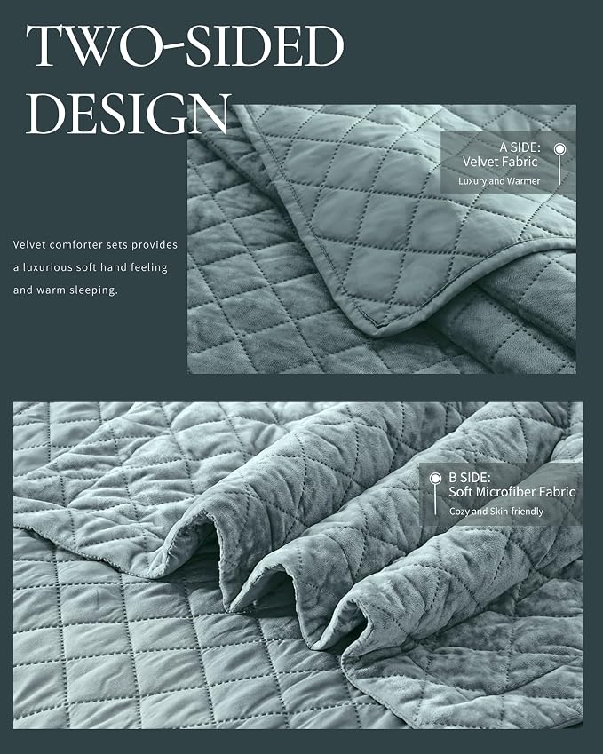 Luxury Velvet King Quilt Set, Ultra Soft Lightweight Velvet Comforter Set, Oversized Bedspread Coverlet with 2 Shams Diamond Pattern, for All Season (Deep Blue)