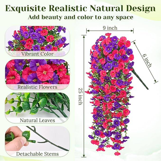 Dolicer 2 Pack Look Real Artificial Flowers for Outdoors, Fake Artificial Hanging Flowers for Outdoors Realistic UV Resistant Hanging Flowers Silk Petunia Faux Flowers for Porch Patio(Purple+Rose Red)