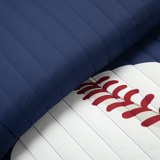 Lush Decor Baseball Game Reversible Quilt Twin Size 4 Piece Set Navy & Gray - Toddler Bedding Set Twin Quilt - Sports Bedroom Decor - Baseball Bedding